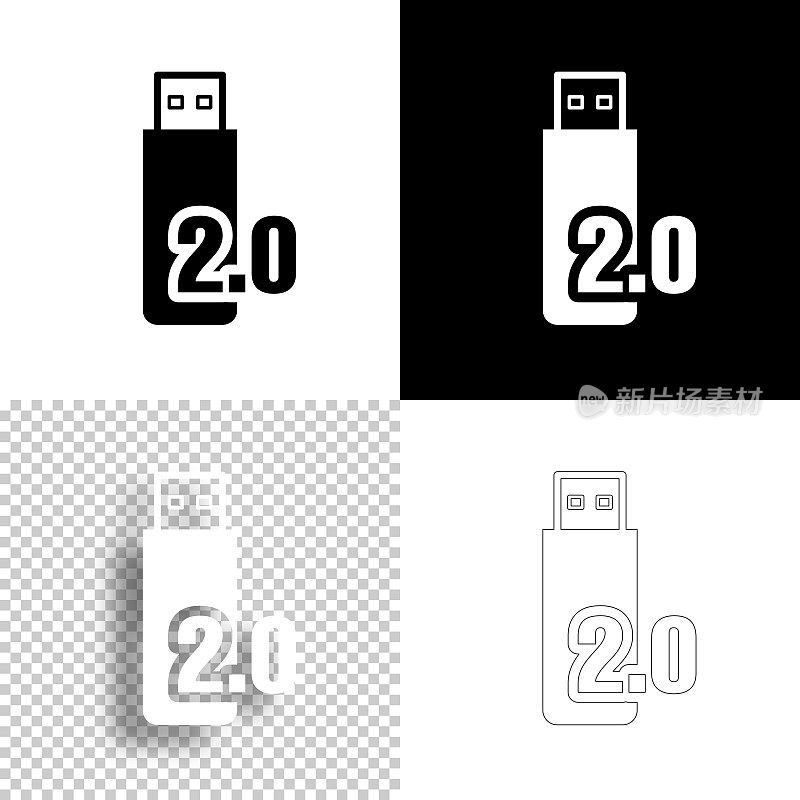 USB 2.0闪存盘。图标设计。空白，白色和黑色背景-线图标